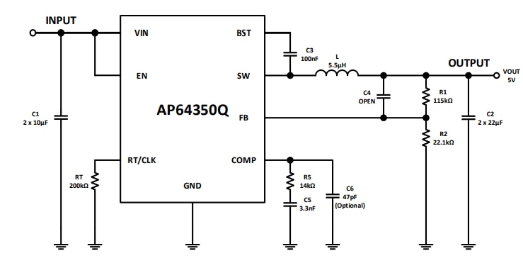 アプリケーション回路図 - Diodes Incorporated AP64350Q バックコンバータ